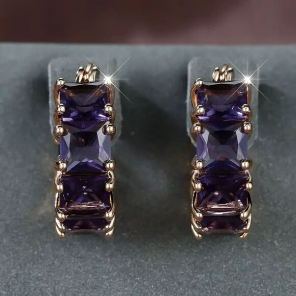 "Florence" Purple Princess Cut Amethyst CZ Huggie Hoop Earrings - Picture 2 of 4